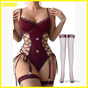 Floral Lace Up Garter Underwire Teddy Bodysuit Lingerie Set Medium